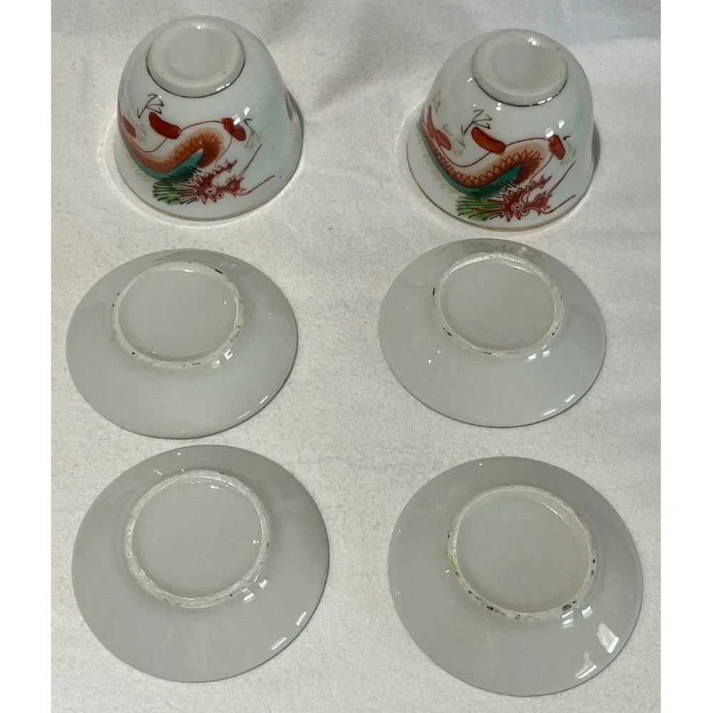 Vintage Chinese Porcelain Dragon Phoenix Tea Cup and Saucer Set of 6 Handpainted
